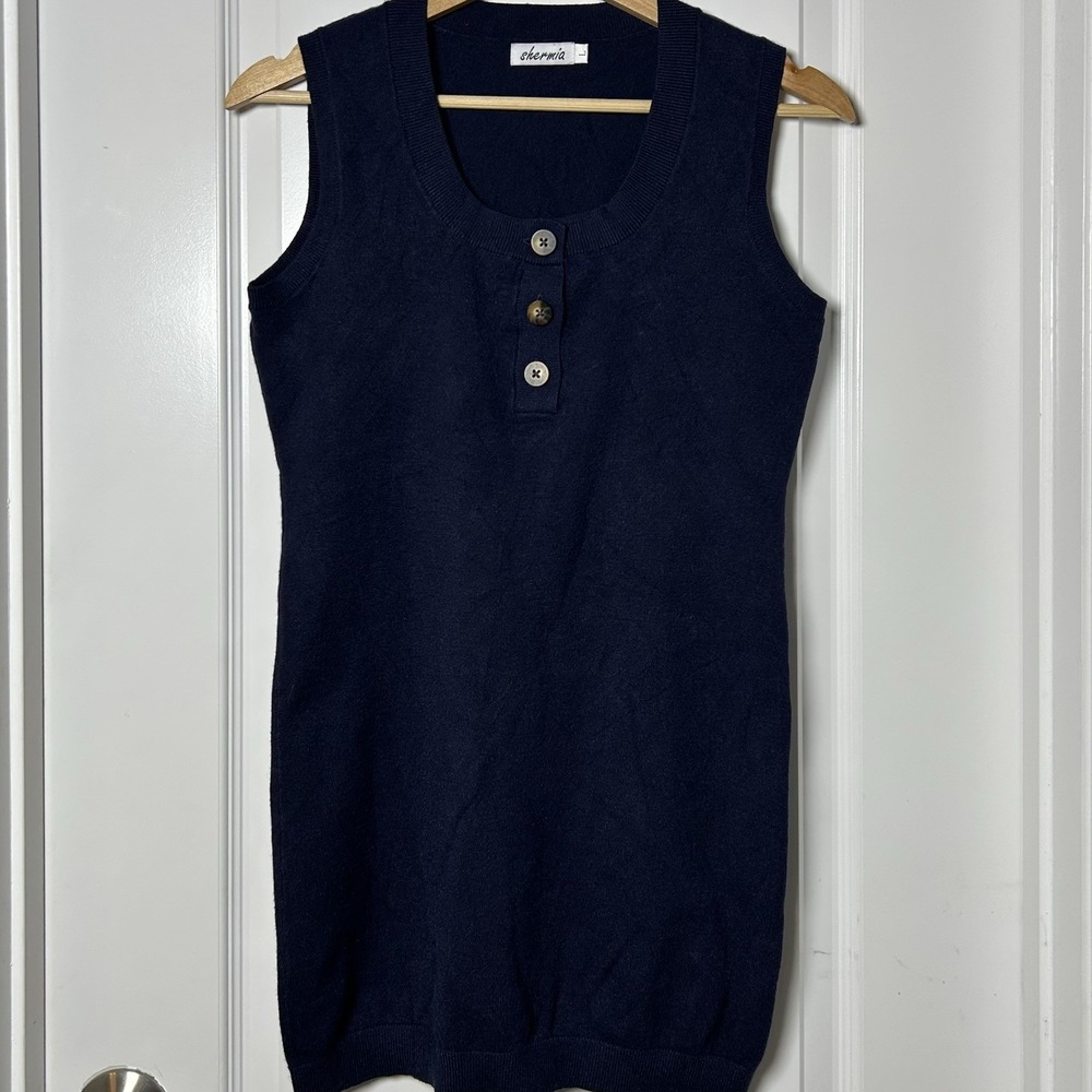 Shermia Navy Blue Knit Square Neck Mixed Button Sleeveless Longline Tunic Top